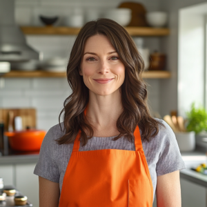 Portrait of Lilian, the avatar representing the Lilian Recipes site, wearing an orange apron in a modern kitchen.